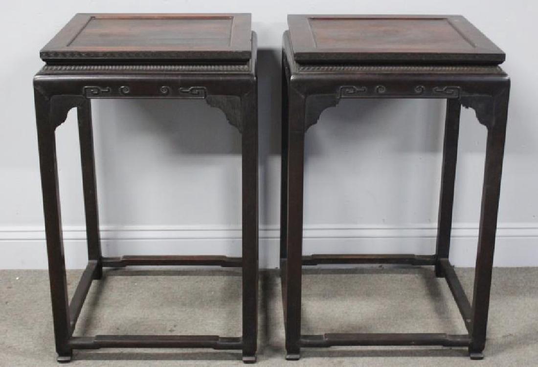 Fine Pair Of Antique Chinese Hardwood Tables .: Nice lines , carvings and patina. From a Hamptons Bays Long Island estate ., - Dimensions: 19"x19"x30.5"H