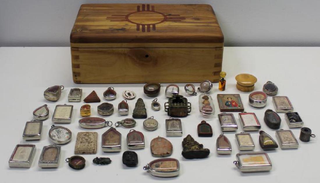 Large Collection of Relics and Charms.: Total of 52 assorted charms and relics. In a wooden box. From a Scarsdale, NY location. Dimensions: box - 11.75" w x 7.375" d x 4.25" h.