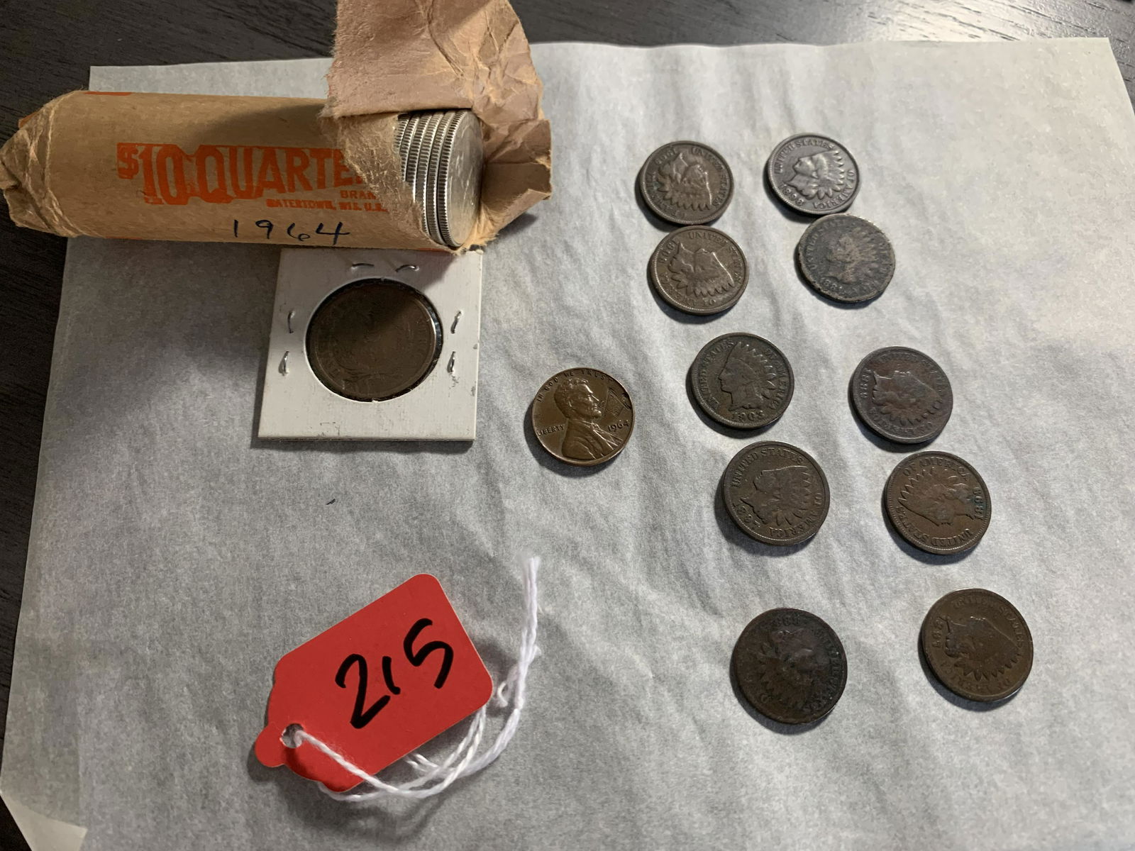 10 INDIAN PENNIES, 40 1964 QUARTERS, 1856 2 CENT, STAMPED PENNY (1 of 4)