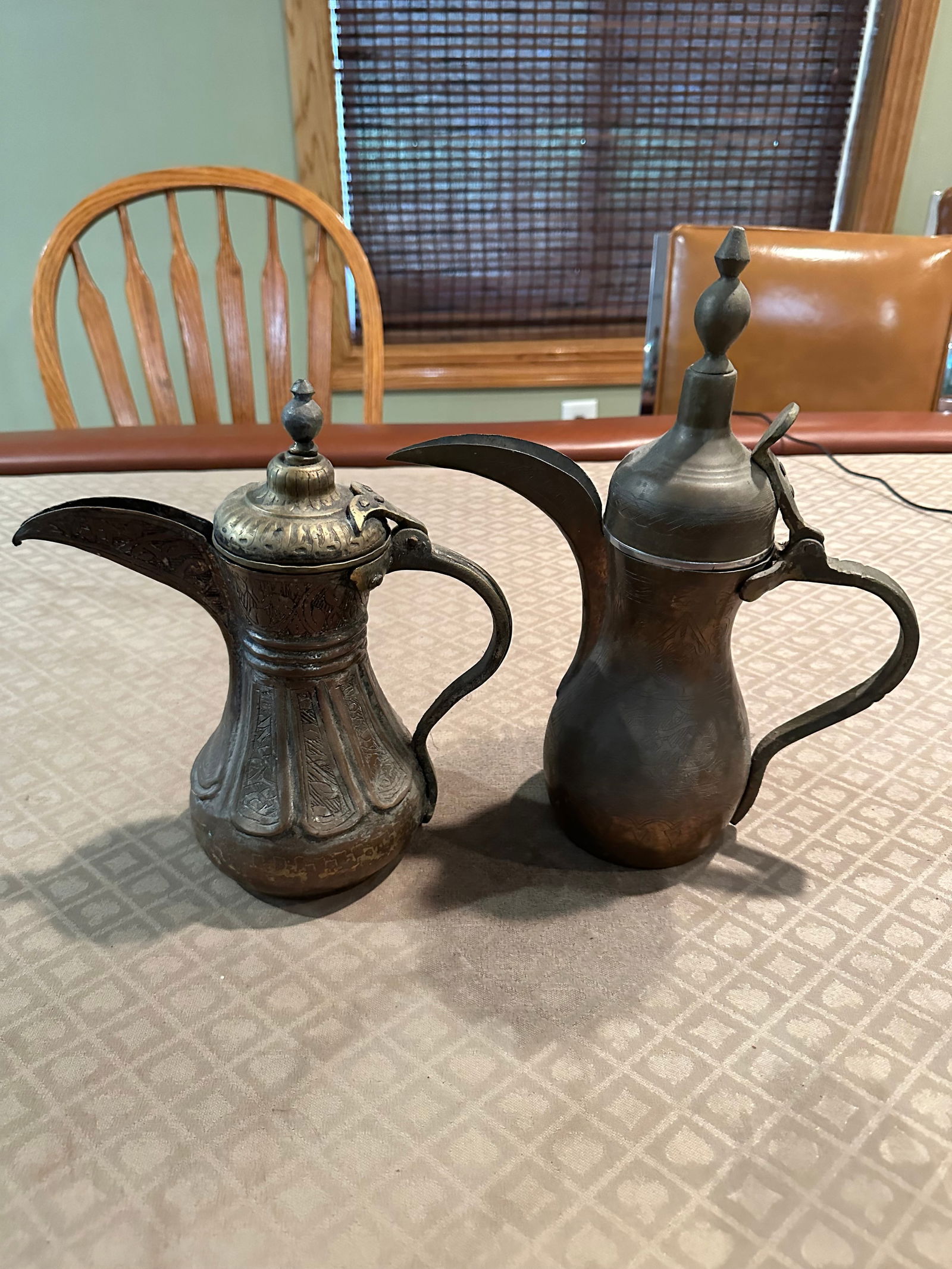 PAIR COPPER HANDMADE AND ETCHED DALLAH COFFEE POT (1 of 6)