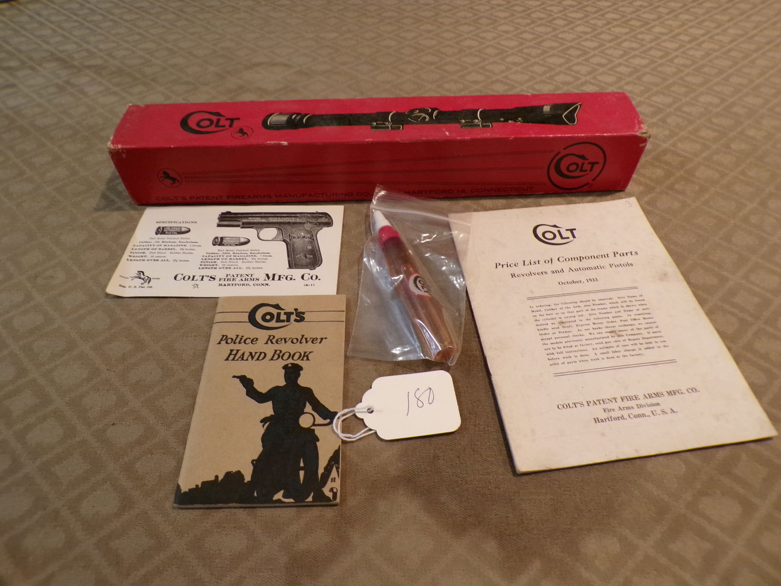 EMPTY COLT SCOPE BOX, COLT OIL, POLICE HANDBOOK, PRICE LIST, (1 of 4)