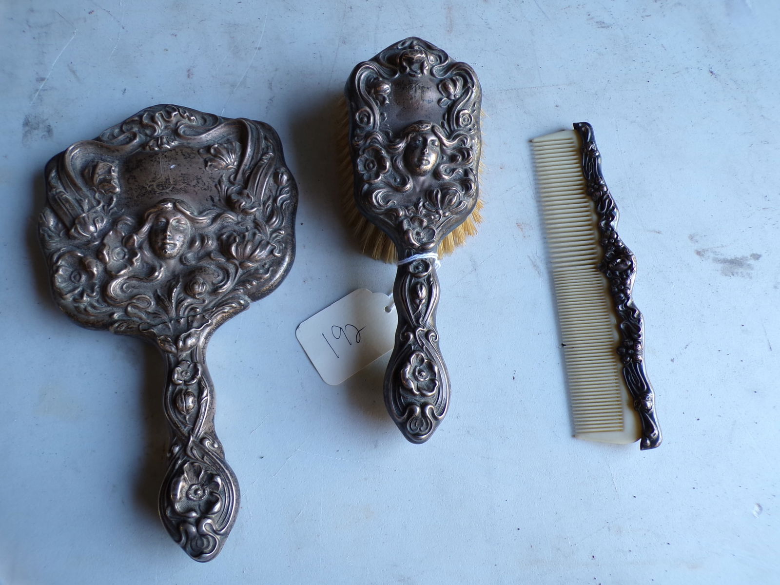 VINTAGE STERLING HAIRBRUSH, COMB AND MIRROR SET (1 of 4)