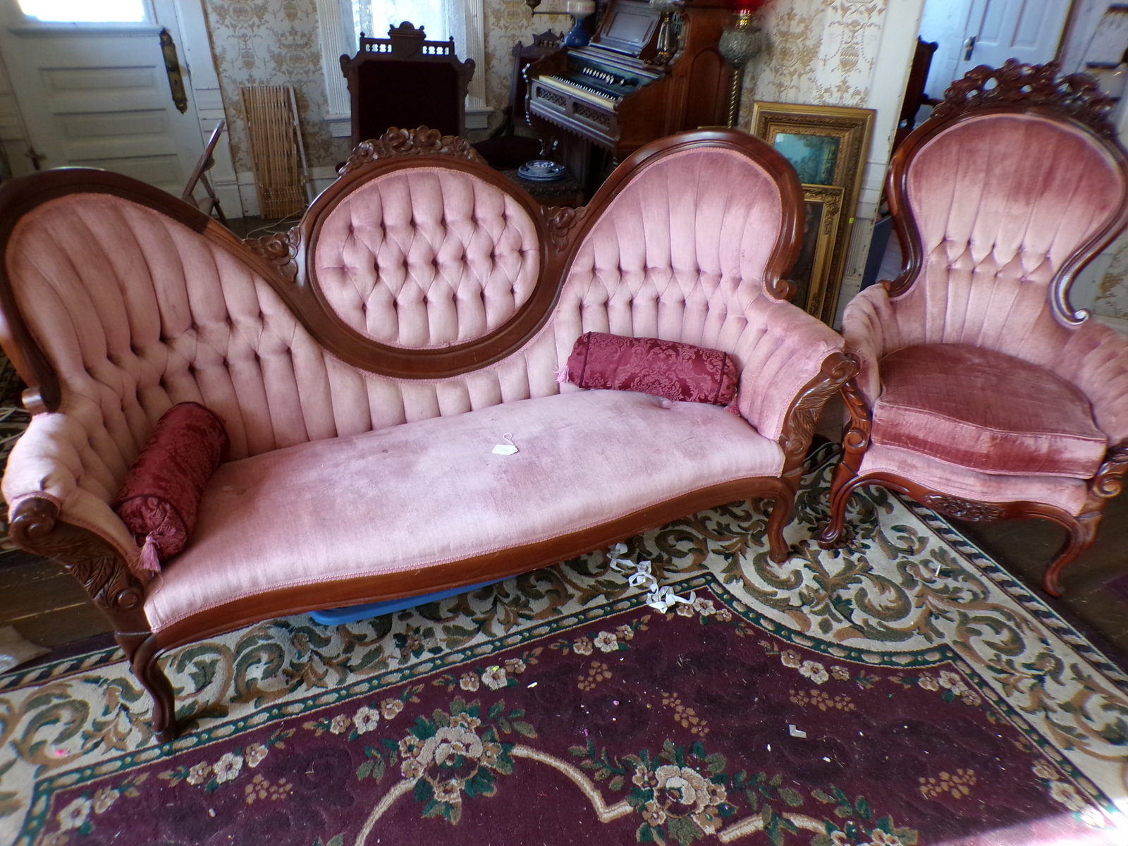 VICTORIAN SOFA AND CHAIR: MINOR STAINING NO TEARS. GGO SOLID CONDITION