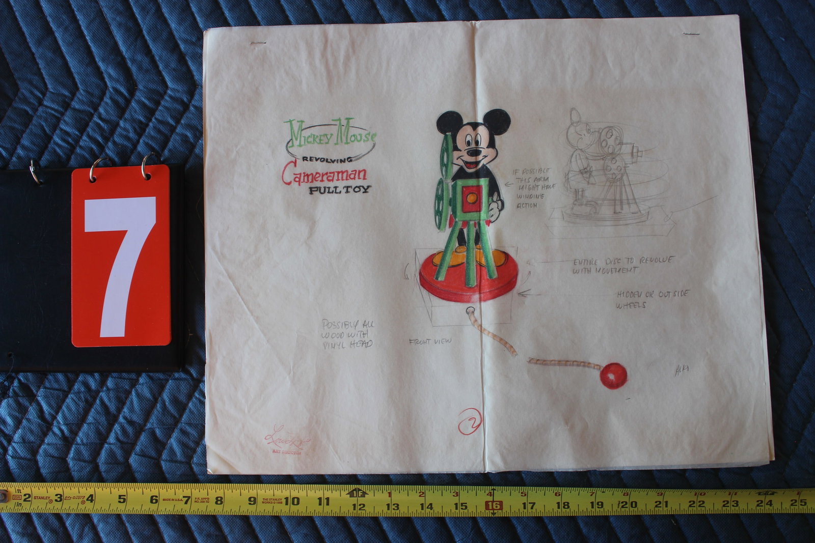 LOU LISPIE ORIGINAL DRAWING OF PROTOTYPE DISNEY PULL TOY: HANDDRAWN