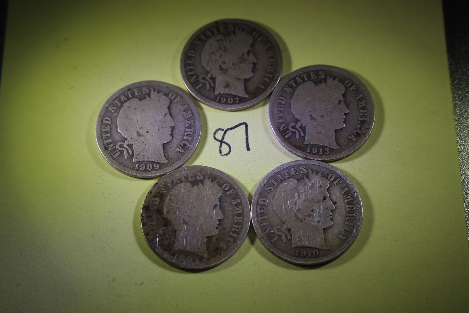 BARBER DIMES (5) 1907 (2), 1909 D, 1910, 1913: none