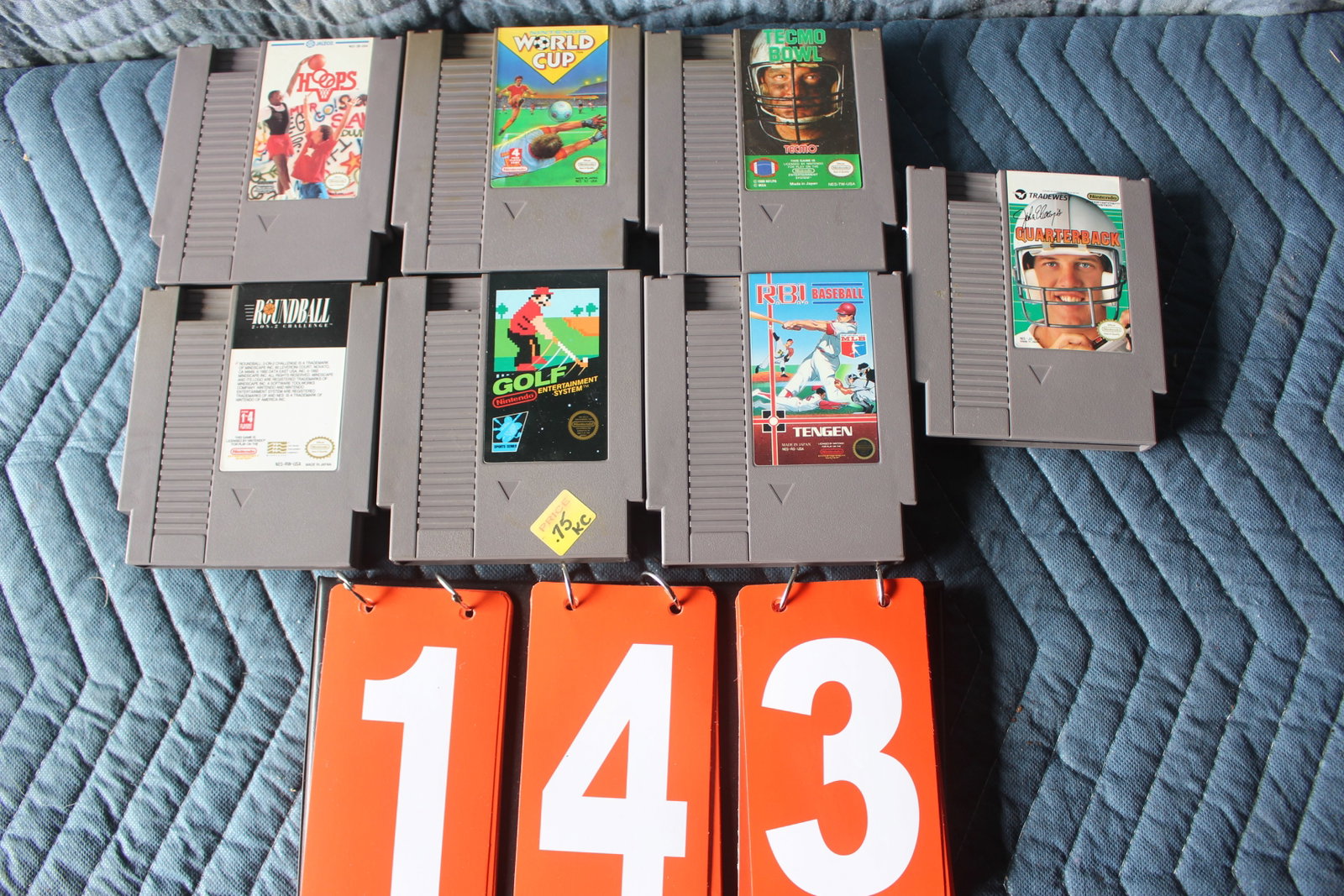 LOT OF NINTENDO NES GAMES (7): ROUNDBALL, GOLF, HOOPS, QUARTERBACK, BASEBALL, TECMO BOWL, WORLD CUP
