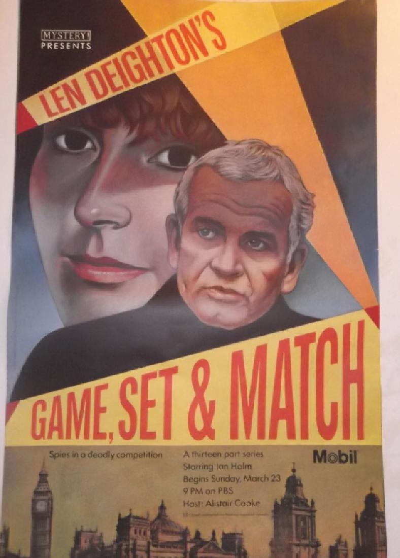 ORIGINAL 1989 MOBIL MASTERPIECE THEATRE POSTER: ORIGINAL 1989 MOBIL MASTERPIECE THEATRE TELEVISION POSTER TITLED "GAME, SET & MATCH" POSTER BY PAUL DAVIS. 46 INCHES HIGH X 30 INCHES WIDE. EDGE CREASES, SMALL EDGE TEARS, BRIGHT COLORS.
