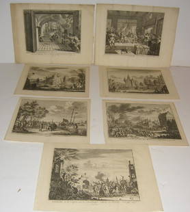 7 18th century engravings/etchings: 7 18th century engravings/etchings by Simon Fokke (Dutch 1712-1784). 11 inches x 9 1/2 inches.