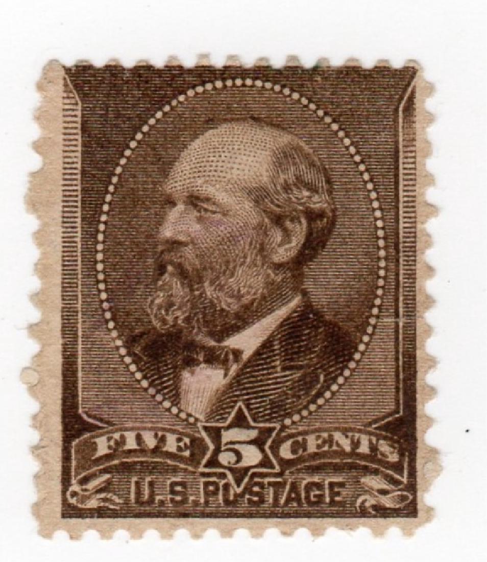 US 1873 5 cents James Garfield stamp: US 1873 5 cents James Garfield stamp, Scott #205, yellow brown, no gum. Cat. Val. $100
