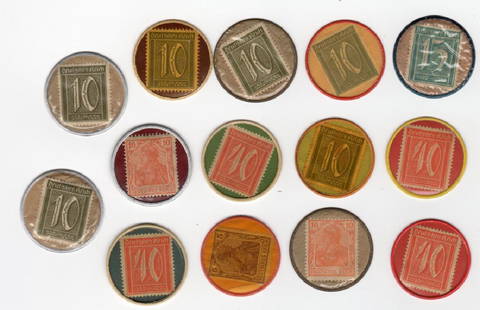 14 Germany Encased Postage Stamps: 14 Germany Encased Postage Stamps. Including 6 10 Deutches reich stamps; 1 15 Deutches reich stamp; 4 40 Deutches reich stamps; 1 5 Deutches reich stamp; 2 10 Deutches reich plastic lifting; 1 Deutche