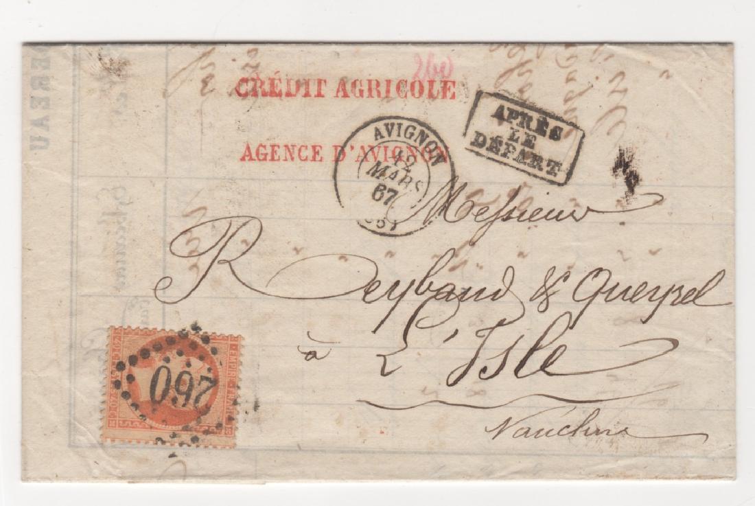 1867 March 12 France stamp cover: 1867 March 12 France stamp cover to L'Isle Switzerland with box "Apres le Depart" (marks tells you that the letter was received in the post office after the mail had already gone), 40c perf Napoleon s