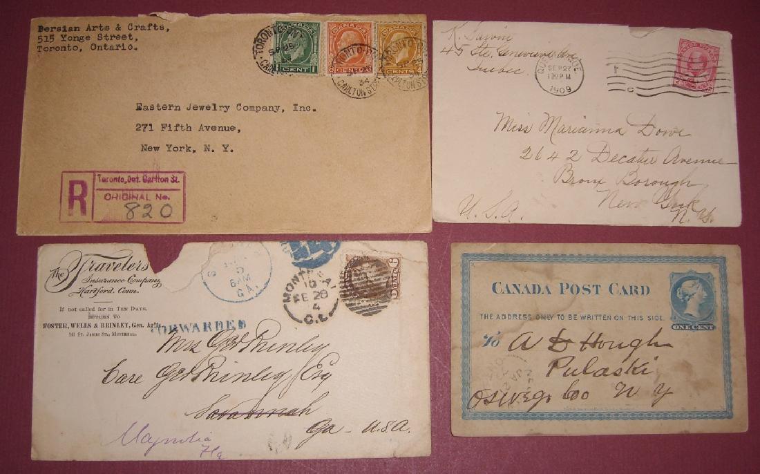 Canada 4 stamped envelope covers & postcard
