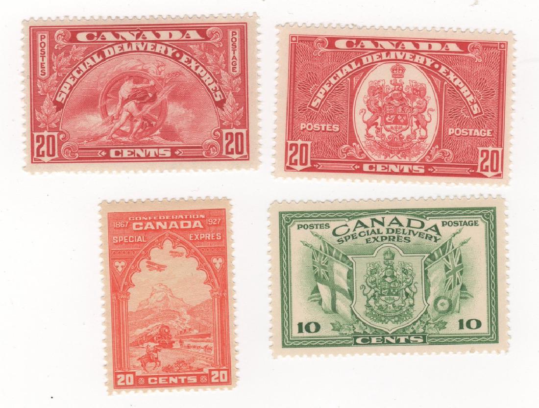 4 Canada special delivery stamps10c 20c: 4 Canada special delivery stamps including SG. #'s S5, S8, S10, S12. 4 Mint, 3 lightly hinged, & 20 cents Special express NH. Total cat val. $72
