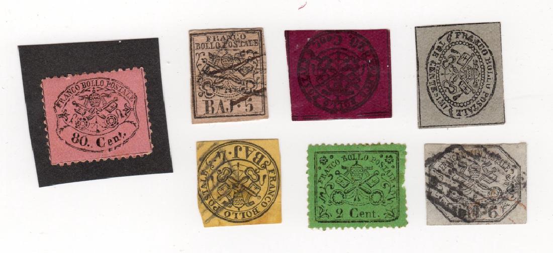 7 Italy Roman States stamps: 7 Italy Roman States stamps. 1868 80c. blk./rose lilac, Scott #25; 1852 4 Baj blk lemon, Scott #5; 1867 2c blk. green, Scott #19; 1852 6 Baj blk. grey, Scott #7A. Total cat. val. $800. 80c. stamp atta
