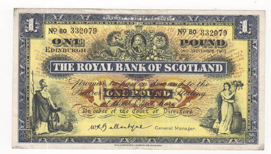 Scotland paper money: Scotland paper money- 1963 1 pound, The Royal bank of Scotland (bank note; currency; paper money).