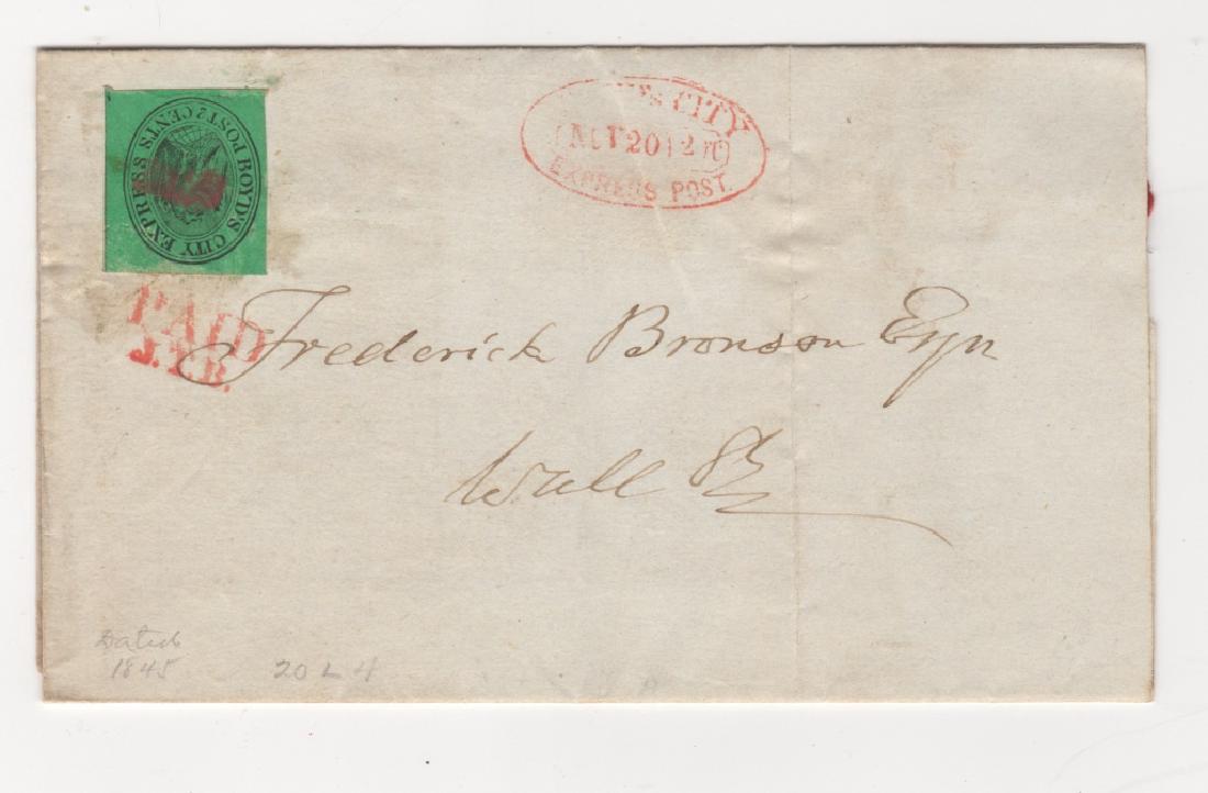 US Nov. 20, 1845 local Boyd city express folded: US November 20, 1845 local Boyd city express folded cover, SC #20L4, with the red oval Boyd city express Nov. 20 postmark, & red paid J.T.B., wax seal on back. Condition as per photo.