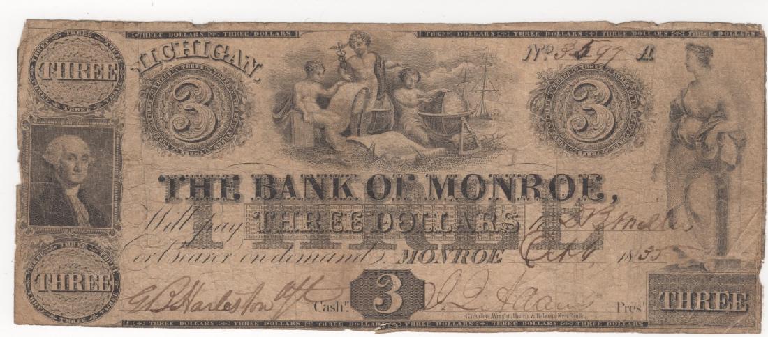 US 1835 3 dollar bank note paper money (1 of 2)