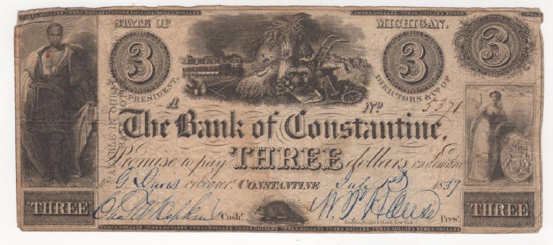 US 1839 3 dollar bank note paper money (1 of 2)