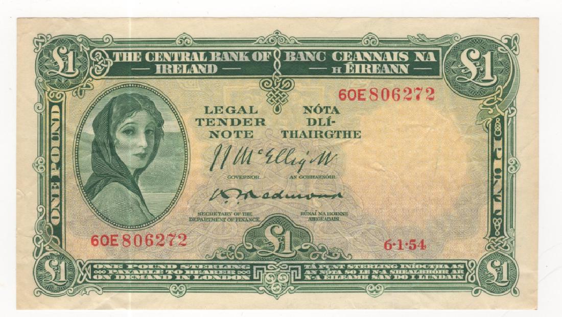 Ireland paper money: Ireland paper money- 1954 1 pound (Lady Hazel Lavery), Central bank of Ireland (bank note; currency; paper money).