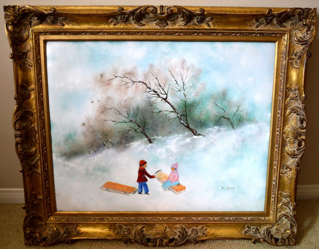 Max Karp 5 People on Hill Overlooking the Ocean: Please note that this lot has a low reserve. Framed, measures 46" X 34" with frame and .36" X 24" with no frame. In fine conditions. Part of an estate of a former dealer.