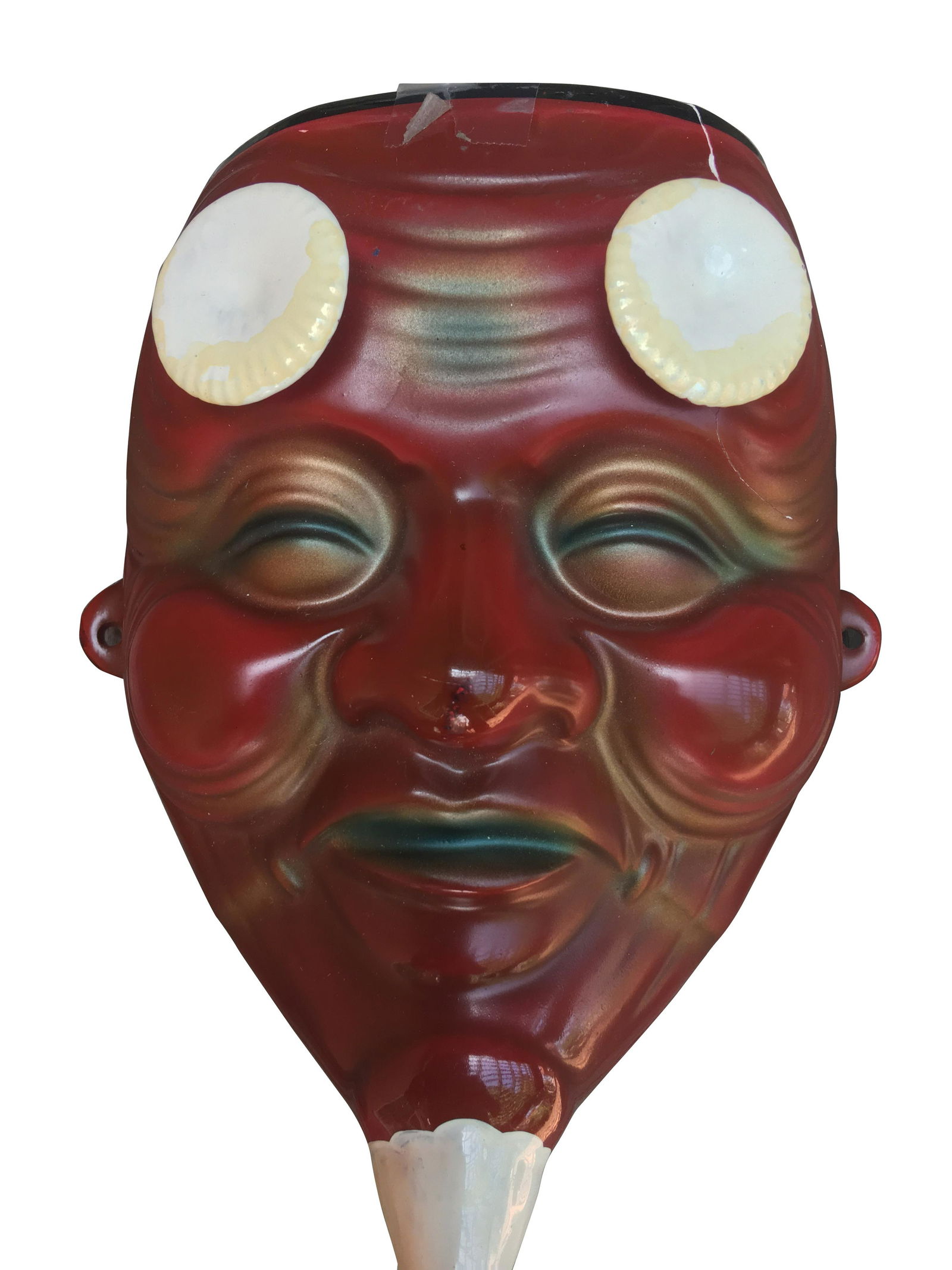 Rare Antique Unique Japanese Mask of Devil Wall Pocket: This is a maybe an unique Devil Mask from Japan early 1900's, I believe around 1920. It is a wall pocket! The colors are superb, made of ceramic, handmade. Measures 6" in height, about 4" in width. In