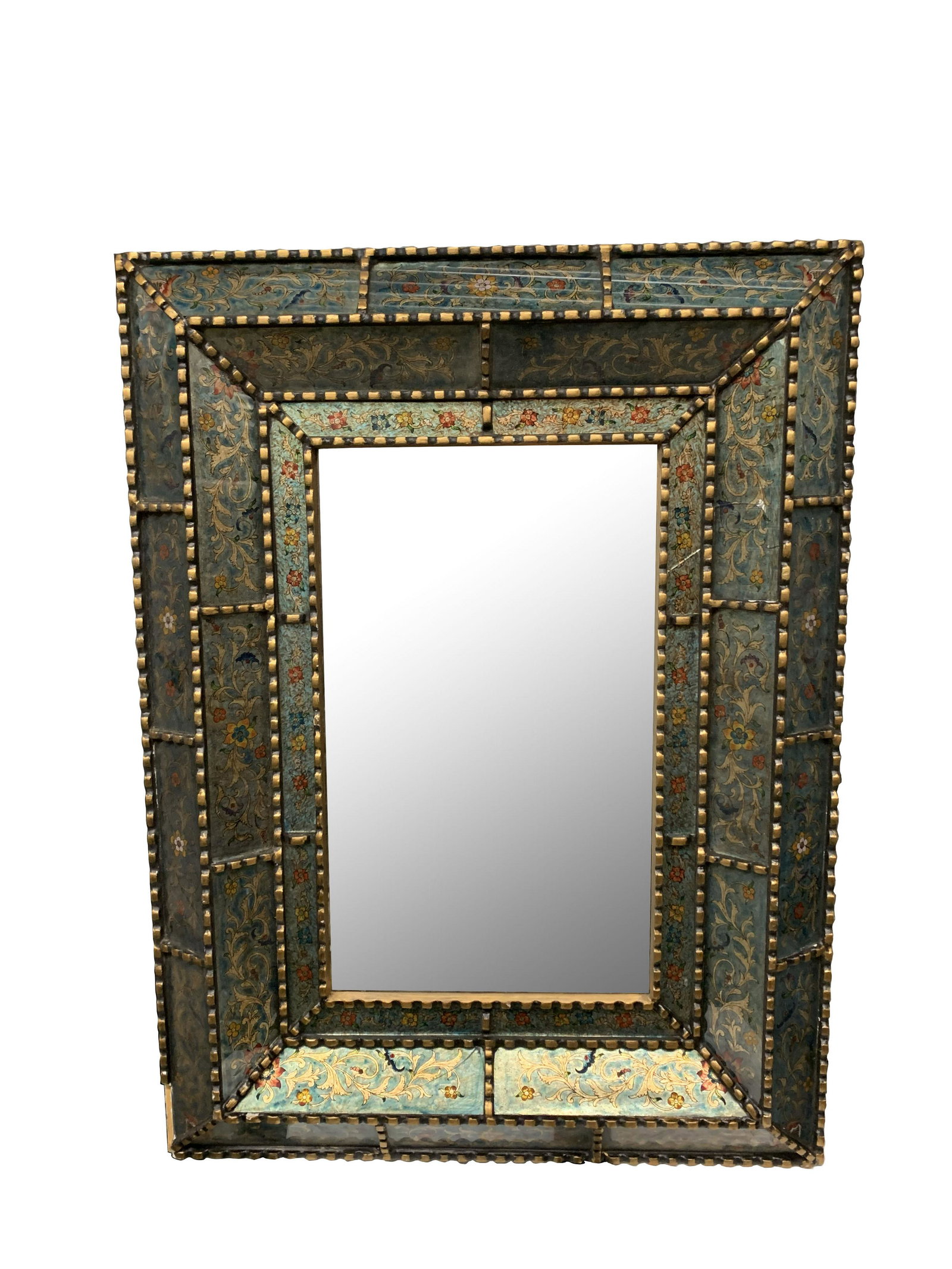 Venetian Style Mirror: Beautifully hand painted with brass, a true replica of a Venetian mirror. Measures 32" X 23.5".