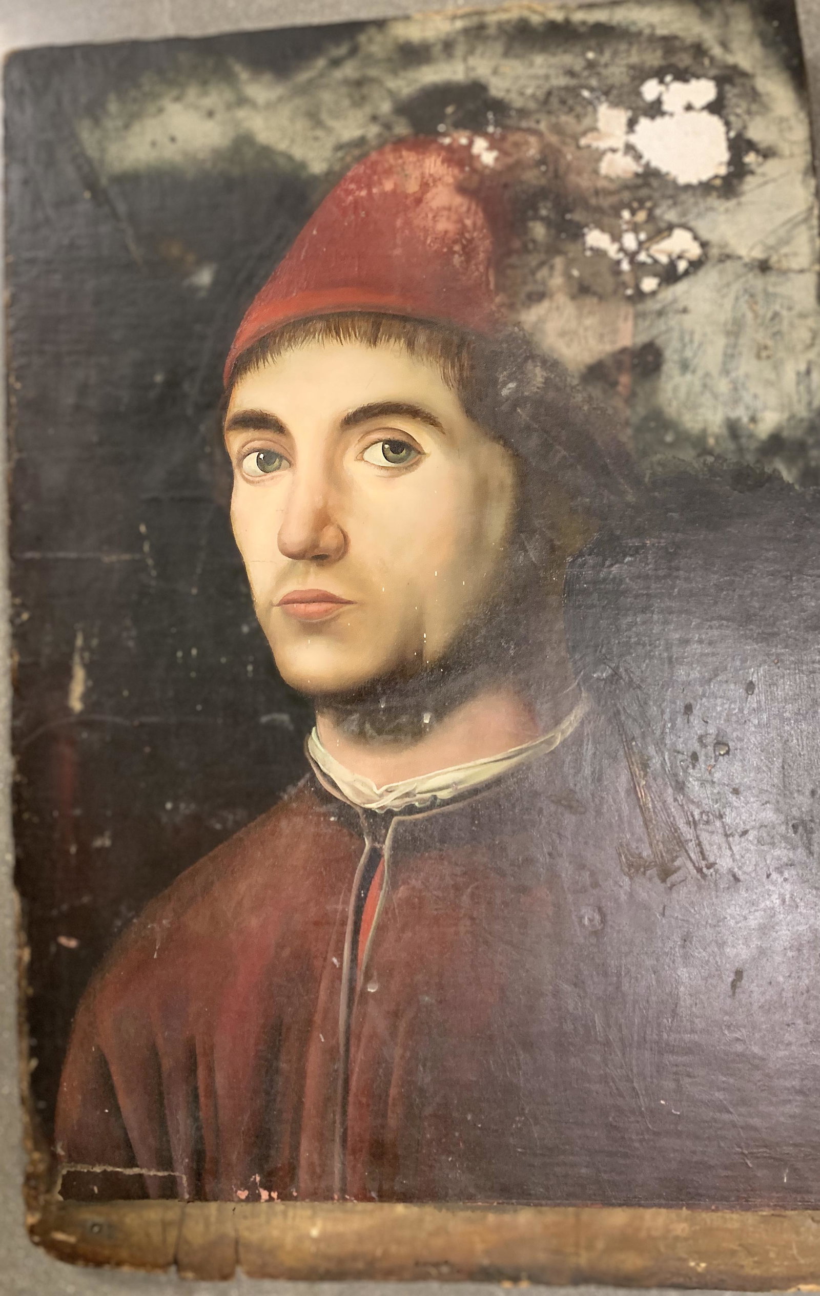DA MESSINA, Antonio (1430-1479) 15th Century: The canvas has been glued to the wood. Please see how the old the wood is with holes made by the insects during a period of 600 years.A large spot upper right needs to be restores. The back must have 
