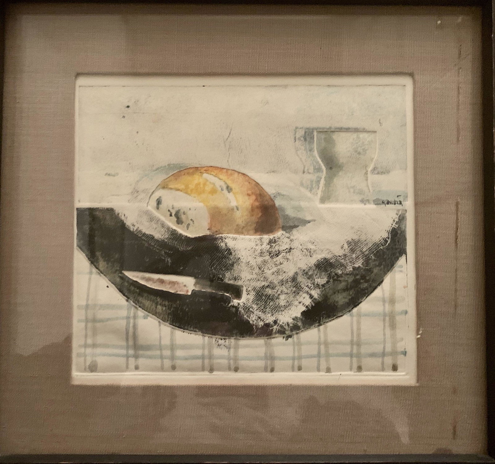 GANDIA , Vicente (1935-2009) SIGNED ETCHING " Loaf of: Original Etching with embossing By Vicente Gandia purchased in Mexico in 1960's. This is not a limited edition but one of a kind. Measures 7" X 8", Signed by the artist in the middle right. Original f