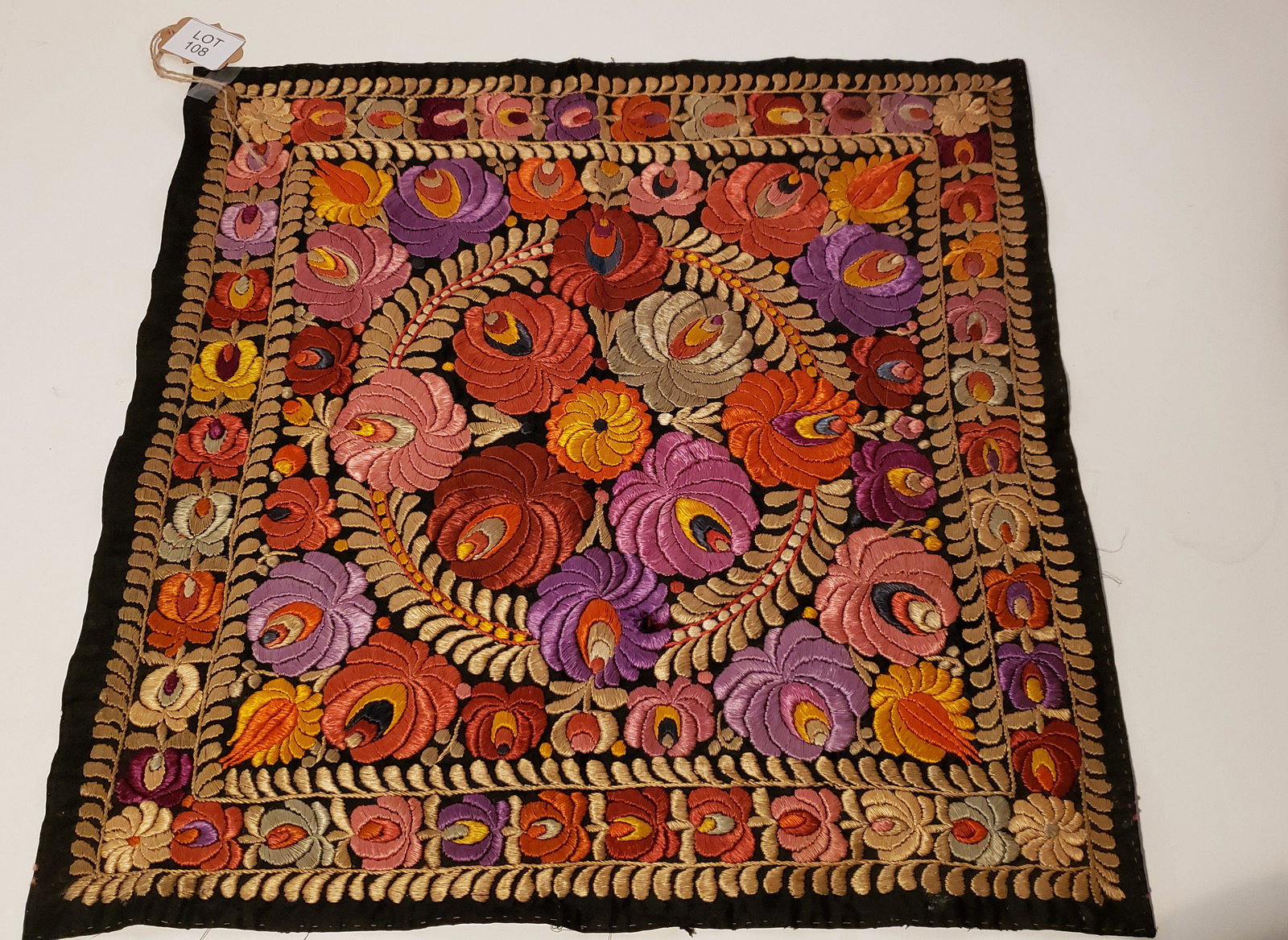 Antique Hungarian Matyo Embroideries/Tapestry: Early 1900's, hand stitched, made of bright colors. The embroidery work is exquisitely done with wonderful workmanship. Measures 24" X 24".