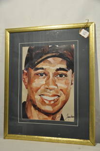 British Artist Jonathan Yeo Watercolor of Tiger Woods: Signed lower right, watercolor. Sight view measures 19" X 13.75.