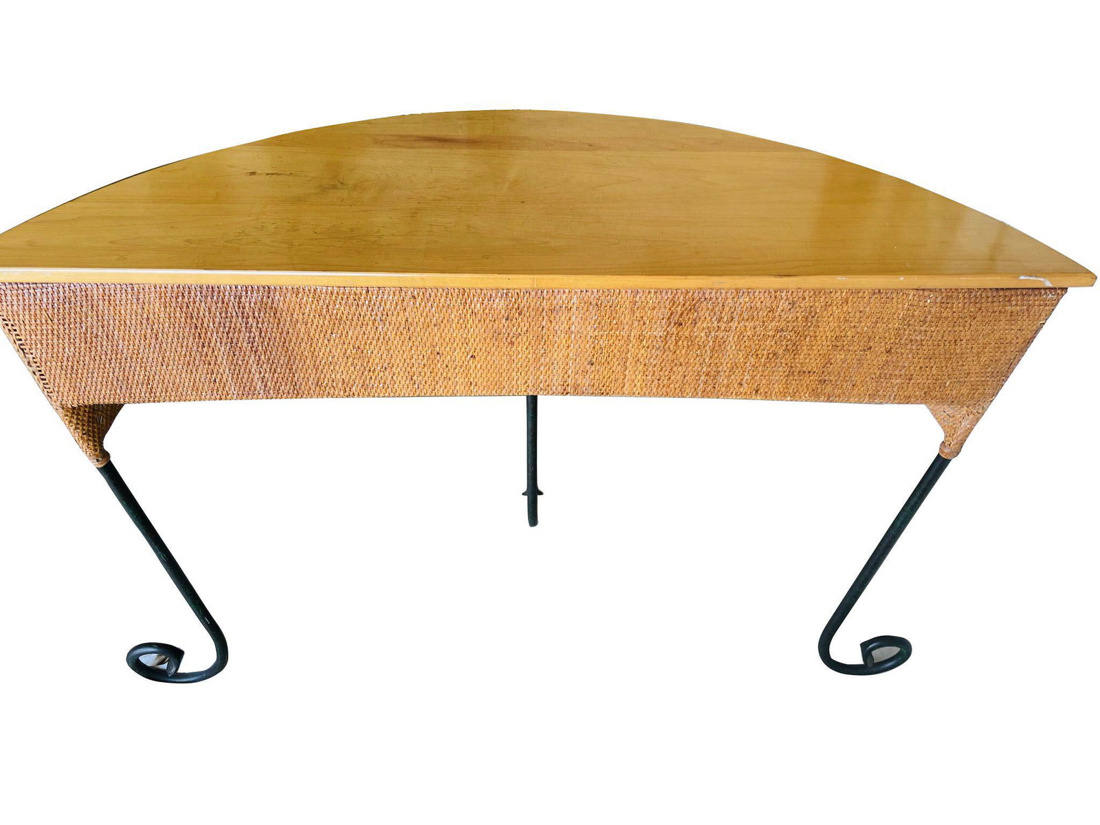 Scarce Mid-Century Demilune Rattan, Wood and Iron (1 of 3)