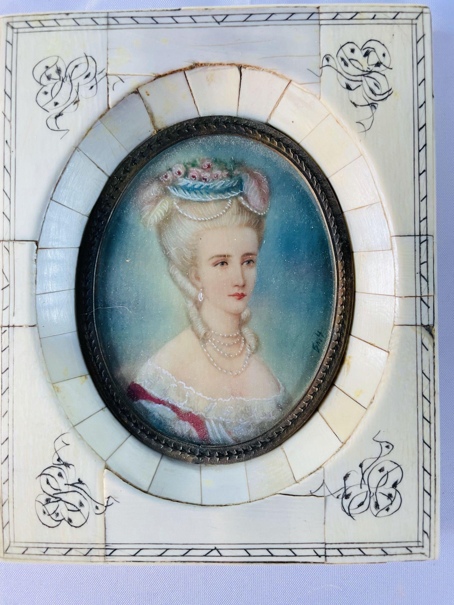 ANTIQUE GOUACHE ON BONE WITH MOTHER OF PEARL FRAME OF: Maria Theresa of Savoy, Countess of Artois ((French) Comtesse d'Artois) (31 January 1756 â€“ 2 June 1805), princess of Sardinia and of Piedmont, was the wife of Charles de France, Comte d'Artois,