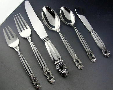 G.Jensen Antique Sterling  Complete set for 12 96 piece: Beautiful 1950"s set of 12 sterling silver Acorn Style each of dinner knife, salad fork, dinner fork, butter knife, soup spoon, grapefruit spoon, teaspoon and iced tea spoons. Comes with original box