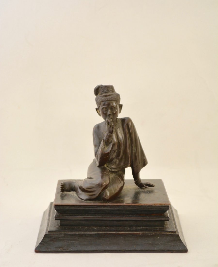 Signed Bronze Burmese Smoking Lady Antique: 5.5” Tall, Base Included