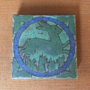 Antique Grueby Pottery Tile Bunny in Landscape Matted: Please note that this item has a reserve. Rare Grueby Tile glazed with a rabbit surounded by a blue circle. Just look at Grueby's famous curdled matte glazes. Nice detail and color separation. It meas