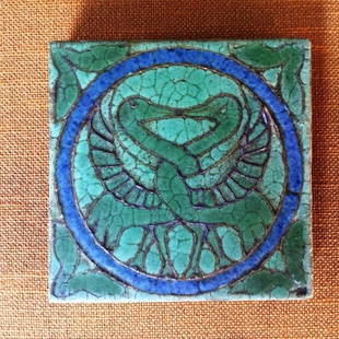 Antique Grueby Pottery Tile with Two Birds in Landscape: Please note that this item has a reserve. Rare Grueby Tile glazed with two birds surounded by a blue circle. Just look at Grueby's famous curdled matte glazes. Nice detail and color separation. 