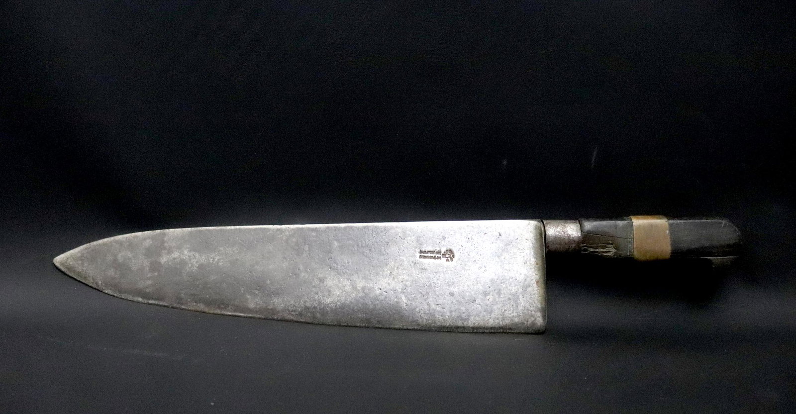 Antique 1800's French Butchers Knife: 1800's heavy early French chef's or Butchers knife, inscribed "Sabatier Rue St. Honore 84" A very large knife with a length in excess of 19". 19.25" L x 3.25" W