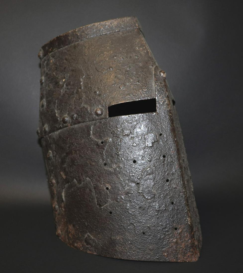 Antique Great Helm: Antique helmet in the style of a Templar Great helm. Composed of 5 plates, punched holes. 12.2" H x 11" W