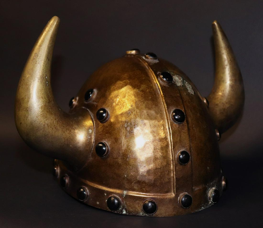 Viking Style Helm: Hand hammered, well made brass Viking style helmet with prominent horns, inlaid throughout with black cabochon like stones. 11" H x 12" W