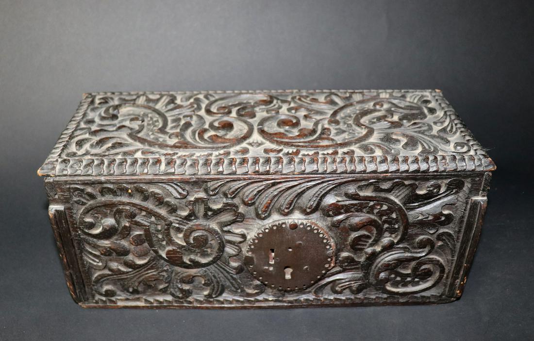 18th C. Antique Spanish Colonial Wood Carved Casket: Well carved with typical Colonial carving throughout, probably 18th century with wrought iron hardware and original lock, document box. 14" W x 6" H x 6" L California arms collector 2007