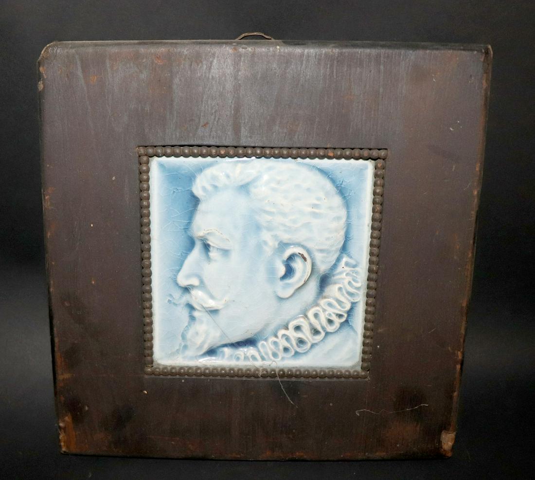 Framed Spanish Tile of Conquistador: Framed Spanish blue glaze tile of a Conquistador or Spanish noble. 11" W x 11" H, tile 5.75" W x 5.75" H California arms collector 2007