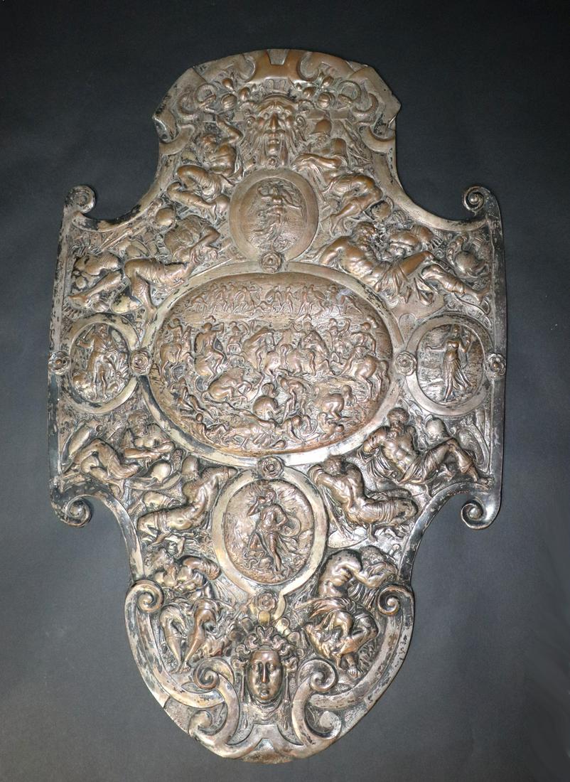 Italian Mythological Embossed Panel: Incredibly complex silver painted copper panel with intricate battle of Gods and mortals in various scenes of war and battle. Medusas and Italian mythology throughout. 26" H x 16" W Whittier, CA colle