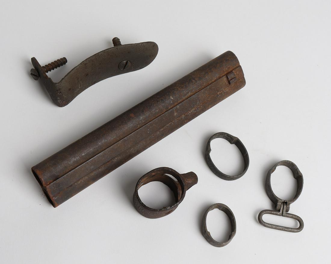 Assorted Lot of Antique Gun Parts: 6 pieces of assorted gun components including a double barrel, stock plate, and 4 slip bands/rings. Largest 8 3/4" L