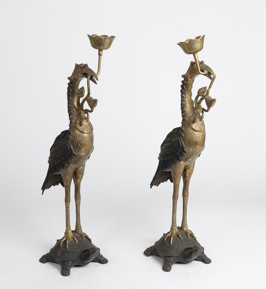 Pair of Chinese Bronze 'Crane & Tortoise' Sculptures: Old pair of Chinese bronze stork or crane and tortoise sculptures with bright painted birds riding atop tortoise. Tallest 25 3/4" H