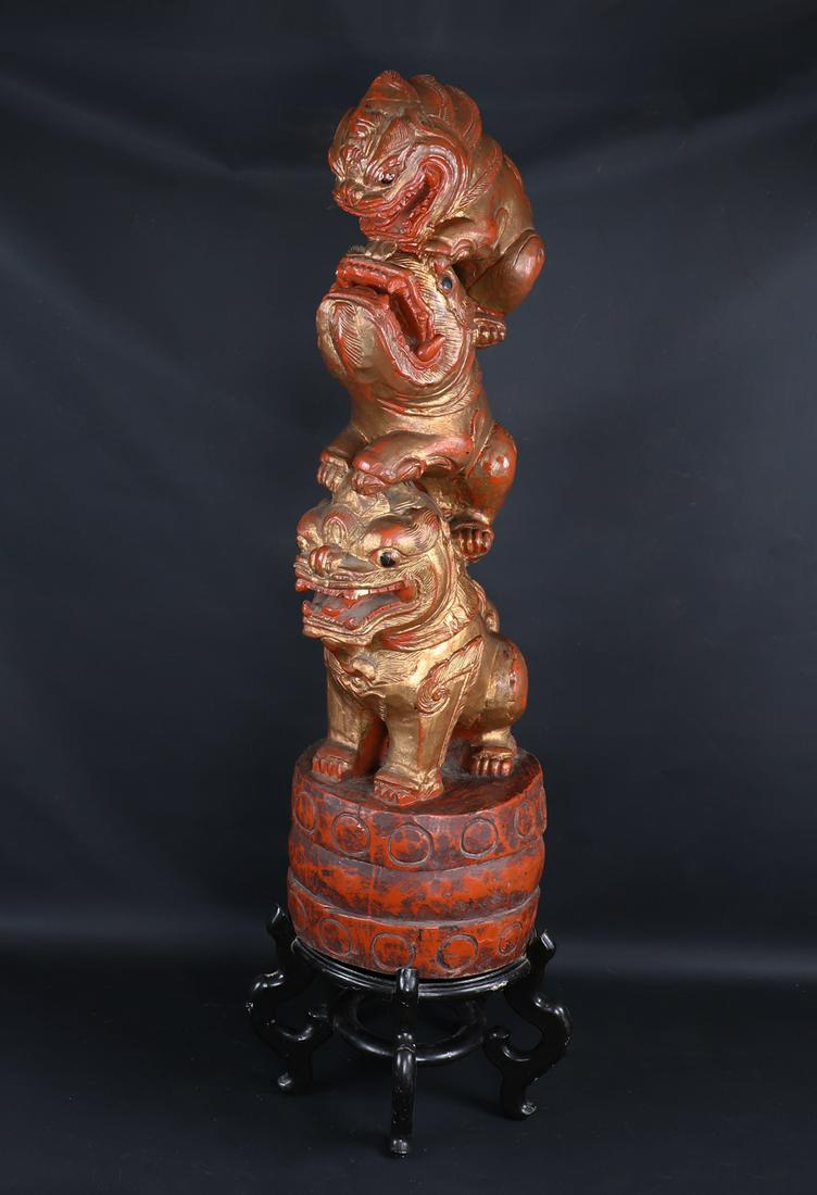 Chinese Carved Lacquered & Gilt Wood Foo Dogs (1 of 8)