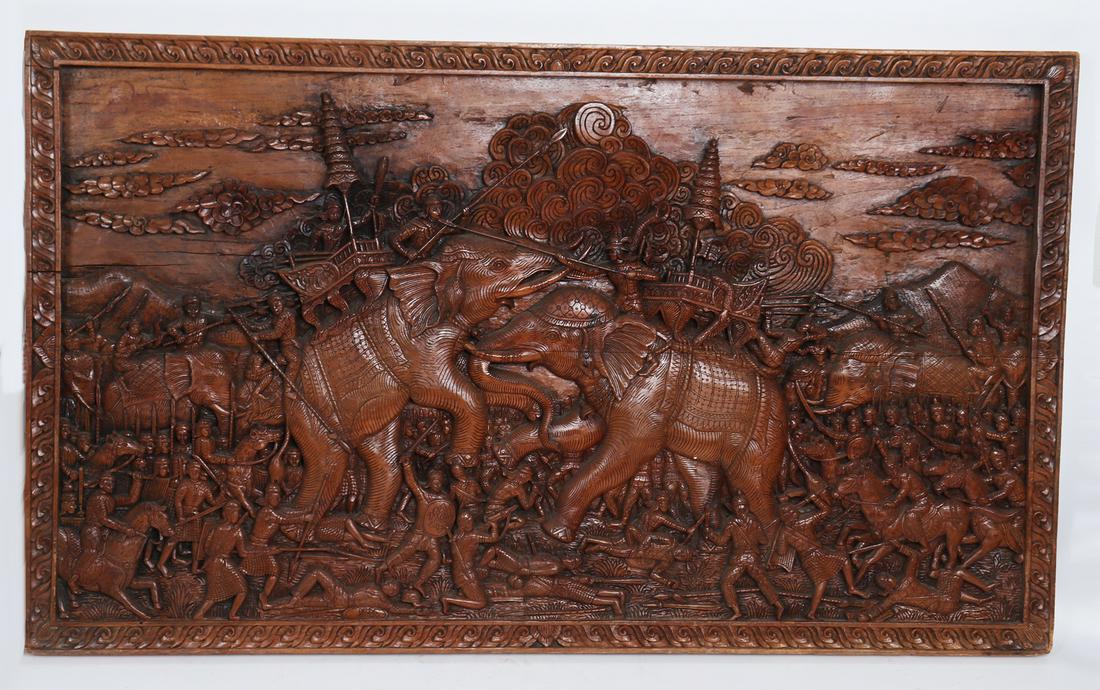 Indonesian 'War Elephant Battle' Carved Panel (1 of 2)