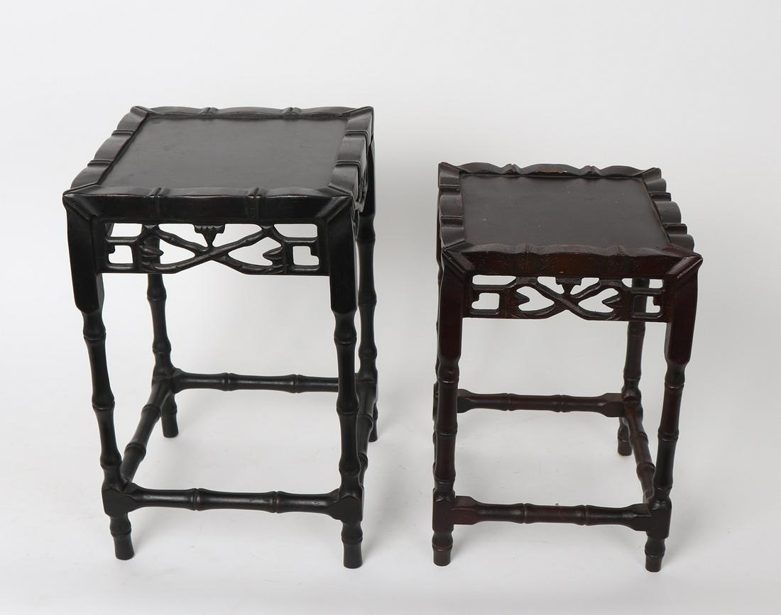 Pair Chinese Wood Tiered Stands: Pair of Chinese wood stands with 2 tiered height, openwork decorations. Largest size 14" H