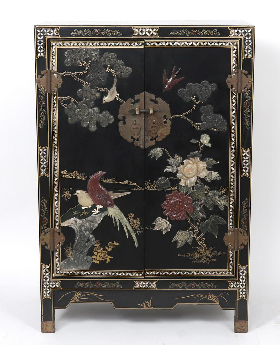 Vintage Pair Black Lacquer and Inset Hardstone Cabinets (1 of 10)