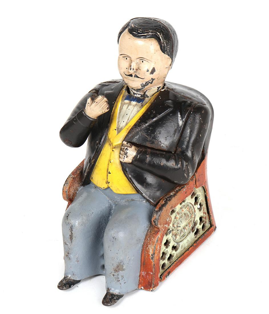 Tammany Bank, Pat. 1878: Manufactured by John Hall of Watertown Massachusetts, The versions in the late 1870s began to be marked (Tammany Bank) to the left side and on the right side marked (Hall. PA'T). Great piece of Americ