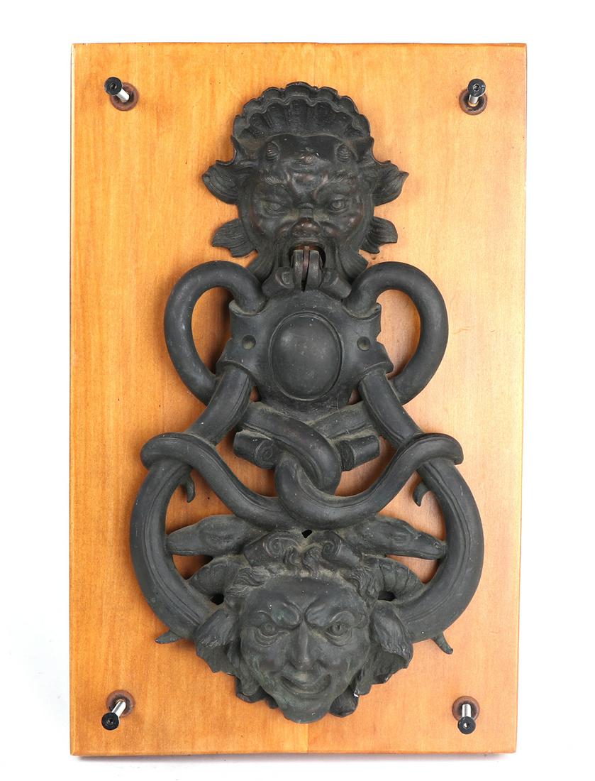 Large Vintage Beast Door Knocker: Metal door knocker with Faun, who's name faun is derived from Faunus, the name of an ancient Italic deity of forests, fields, and herds, who from the 2nd century BCE was associated with the Greek god